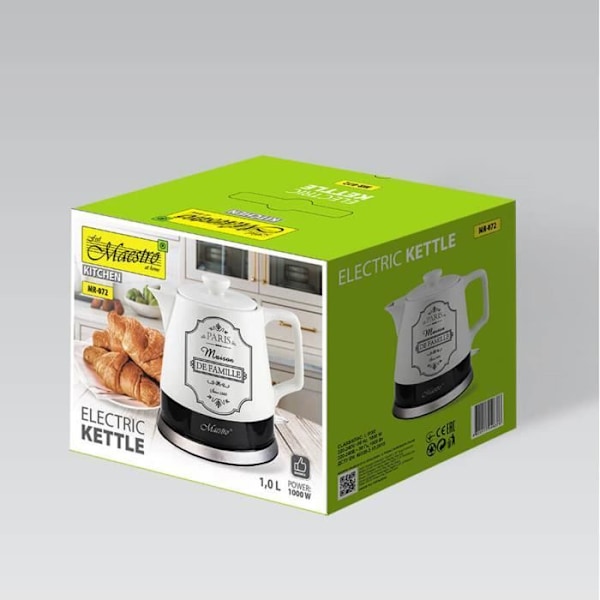 Elektrisk keramisk vattenkokare 1L Maestro Base 360 graders automatisk avstängning 220-240V, ~50Hz, 1000W Keramikvit vit svart