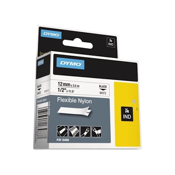 DYMO Rhino - Fleksible industrimærker i nylon 12 mm x 3,5 m - Sort på hvid