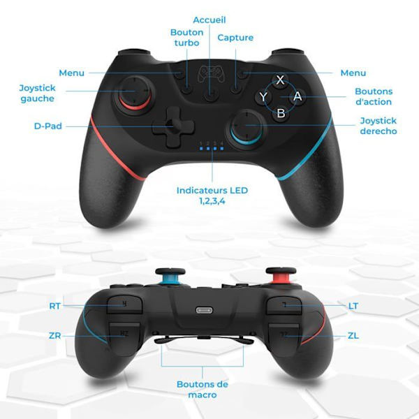 Trådløs controller - NK - Switch - Kompatibilitet med Nintendo Switch, Switch Pro, PC - Ergonomisk design Sort + Blå / Rød