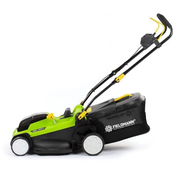 Batteridriven gräsklippare - FIELDMANN - 20V - Klipplängd 43 cm - Maximal höjd 75 mm - Batteri och laddare ingår ej. Grön och svart