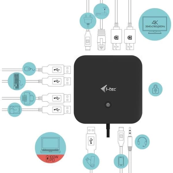 i-tec - USB-C 2x4K -telakointiasema, 100 W PD-virtalähde