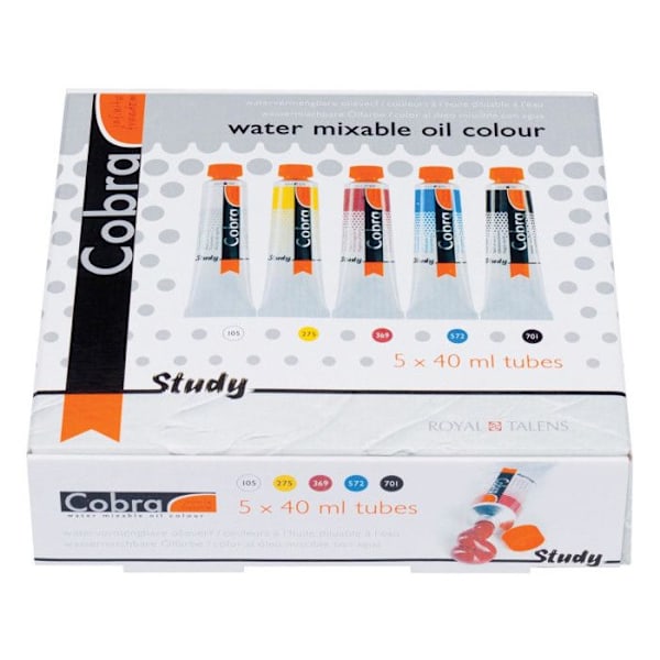 Box med 5 oljefärgstuber 40ml Cobra Study Titan vit, primär gul, primär magen