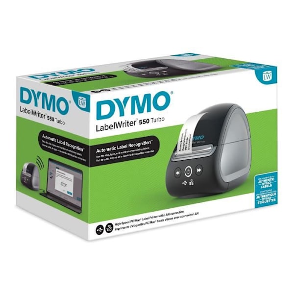 DYMO LabelWriter 550 Turbo, High Speed Label Printer, Blækfri, LAN-forbindelse, PC/Mac, Etiketgenkendelse