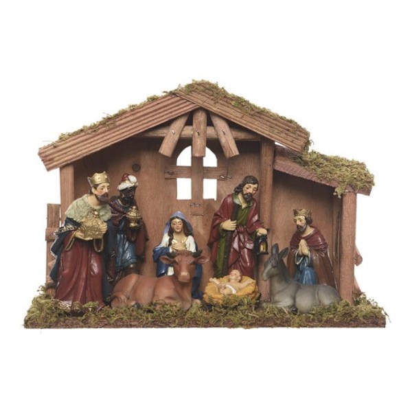 Julkrubba - Dekorerad - 30 cm - Trä - 8 Santons - Julkrubba