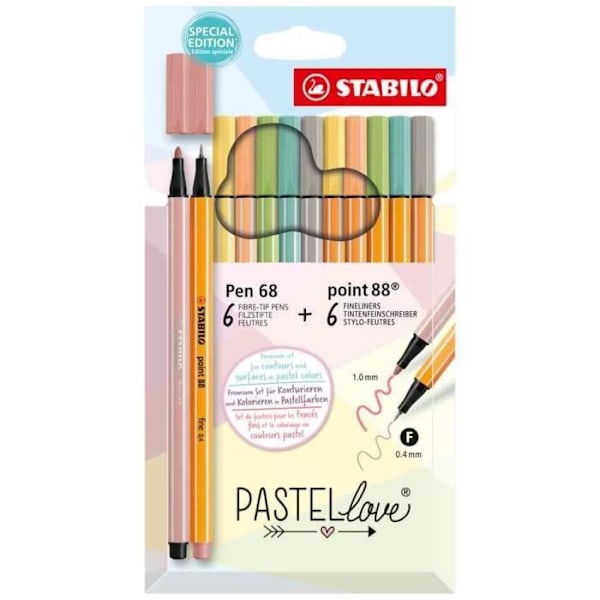 Sæt med tuscher - STABILO - Pen 68 OG point 88 - Pastelfarver - 12 stk - Fin spids Pastell