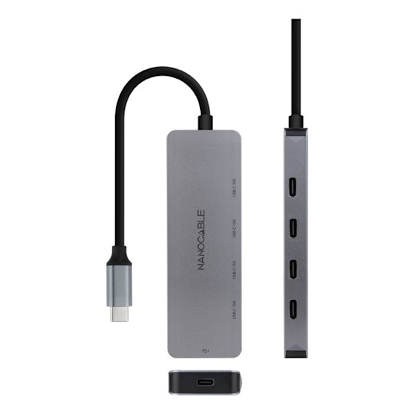 USB-C Hub - NANO CABLE - 4 Porttia USB-C Naisliitin - USB-C PD 100W - Alumiini 10 cm - Harmaa