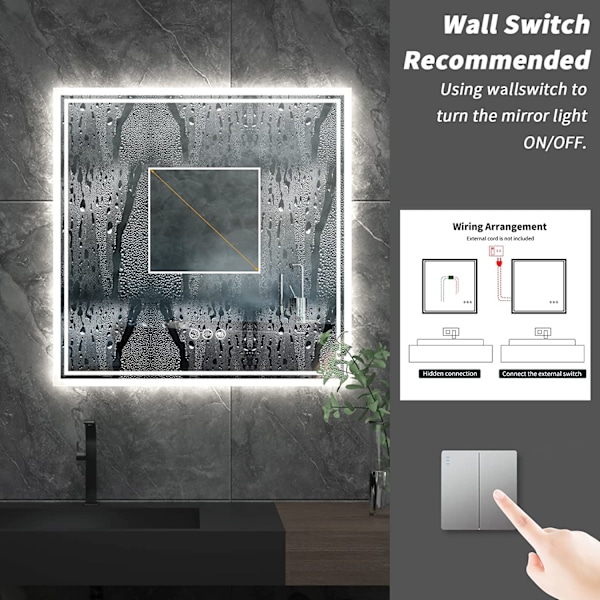 Wisfor LED badrumsspegel, 800 x 800 mm, bakgrundsbelyst väggmonterad sminkspegel, fyrkantig sminkspegel, för smink och rakning