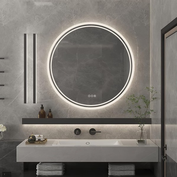 Wisfor LED badrumsspegel, 800 x 800 mm, rund upplyst väggmonterad sminkspegel, med demister Pad + Smart Touch Button Makeup Mirror
