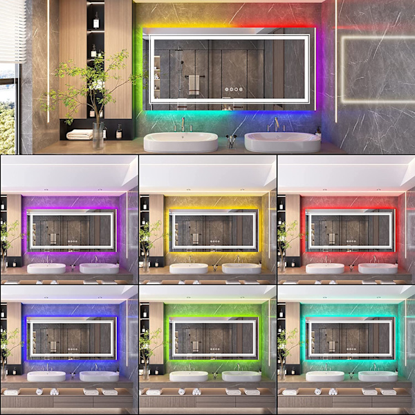 Wisfor LED badrumsspegel, 1400x700 mm, dimbar rektangulär sminkspegel på väggen, med 8 RGB-bakgrundsbelyst, 3 frontljusfärger