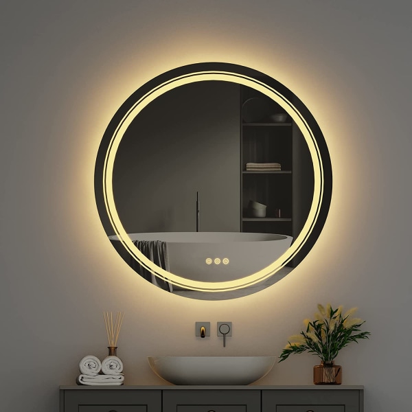 Wisfor rund badrumsspegel, 600 mm, dimbar LED-belyst cirkelväggmonterad sminkspegel, med demister Pad Smart Touch Sensor