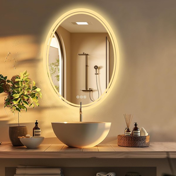 Wisfor Oval LED-badrumsspegel, 600 x 800 mm, dimbar väggmonterad belyst sminksspegel med anti-dimfunktion och smart strömbrytare