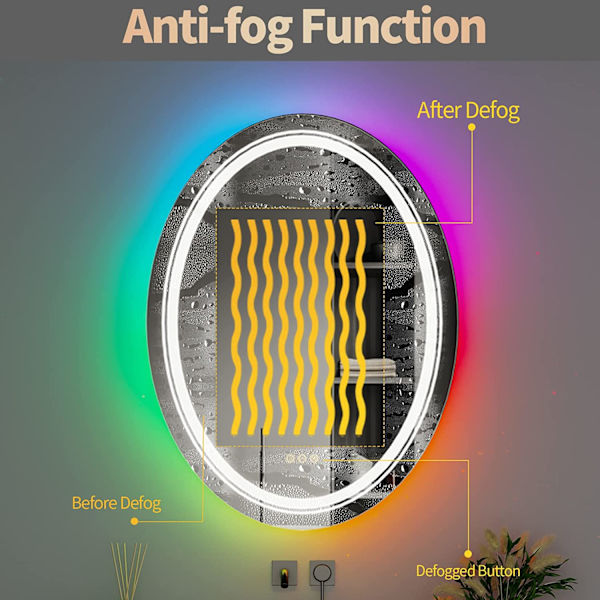 Wisfor LED badrumsspegel, 600x800 mm, dimbar oval sminkspegel på väggen, med 8 RGB-bakgrundsbelysta, 3 färger framljus, Smart Anti-Imma Touch Switch