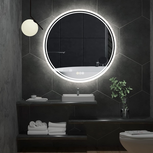 Wisfor LED badrumssminkaspegel, 600 mm rund dimbar bakgrundsbelyst väggbelyst cirkelspegel, sminkrakspegel