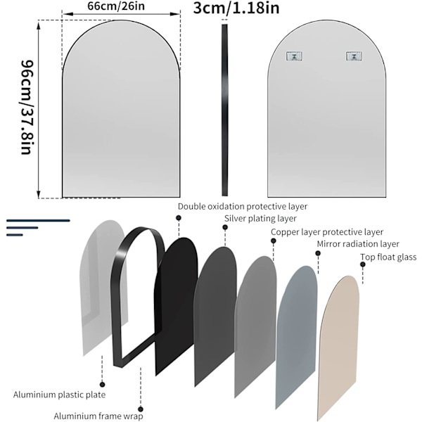 Wisfor Arch väggspegel, 960x660 mm, svart aluminiumram väggmonterad pillerspegel, för badrum, vardagsrum