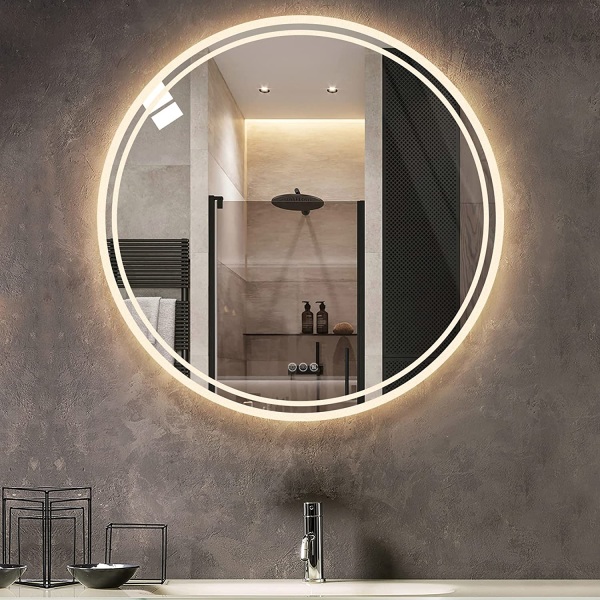 Wisfor LED badrumssminkaspegel, 600 mm rund dimbar bakgrundsbelyst väggbelyst cirkelspegel, sminkrakspegel