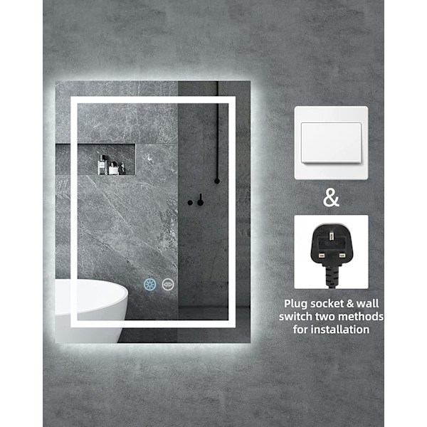 Wisfor LED-belyst badrumsspegel, 400 x 500 mm, väggmonterad belyst sminkspegel, med pekknapp Minnesfunktion 3 ljuslägen