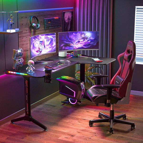 Wisfor datorspelbord, RGB, L Shape hörnskrivbord 160 cm x 100 cm med 6 färger 8 lägen, Lätt hållbar hörlurskrok och mugghållare, höger