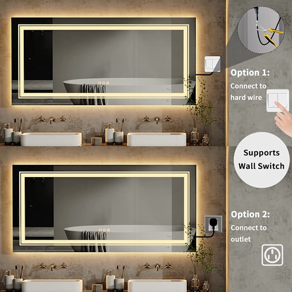 Wisfor stor LED badrumsspegel, 1510x780 mm, dimbar belyst väggmonterad belyst sminkspegel, med anti-dimma Smart Touch Switch sminkspegel