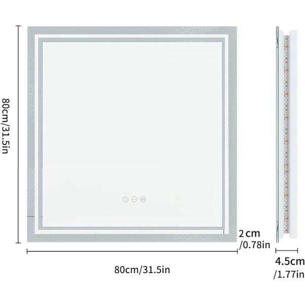 Wisfor LED badrumsspegel, 800 x 800 mm, bakgrundsbelyst väggmonterad sminkspegel, fyrkantig sminkspegel, för smink och rakning