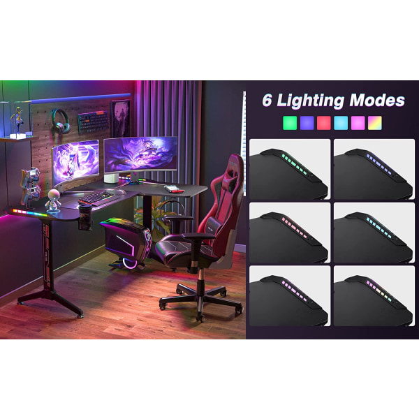 Wisfor datorspelbord, RGB, L Shape hörnskrivbord 160 cm x 100 cm med 6 färger 8 lägen, Lätt hållbar hörlurskrok och mugghållare, höger