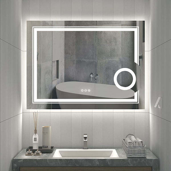 Wisfor LED badrumsspegel, 800x600 mm, väggmonterad sminkspegel, anti-dimavfuktare, 3X förstoringsglas Bakgrundsbelyst, frontbelyst, 3 ljuslägen