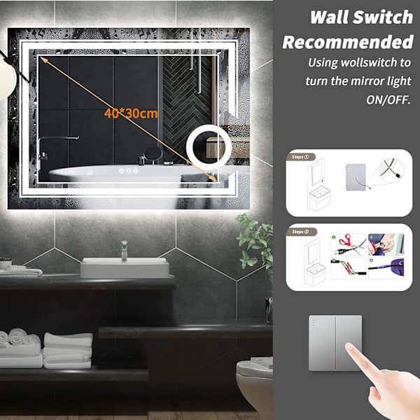 Wisfor LED badrumsspegel, 800x600 mm, väggmonterad sminkspegel, anti-dimavfuktare, 3X förstoringsglas Bakgrundsbelyst, frontbelyst, 3 ljuslägen