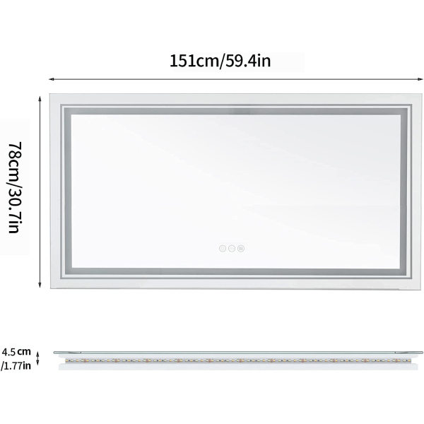 Wisfor stor LED badrumsspegel, 1510x780 mm, dimbar belyst väggmonterad belyst sminkspegel, med anti-dimma Smart Touch Switch sminkspegel