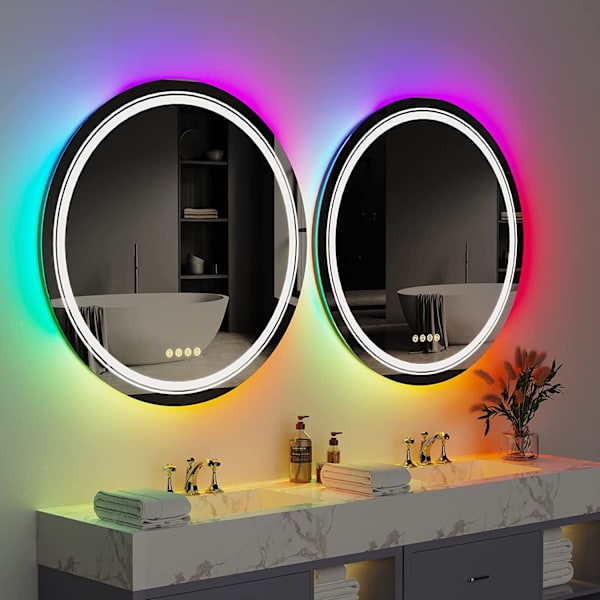 Wisfor LED badrumsspegel, 800 mm dimbar rund vägg sminkspegel, med 8 RGB bakgrundsbelyst 3 frontljus Färg Smart anti-dim Touch Switch