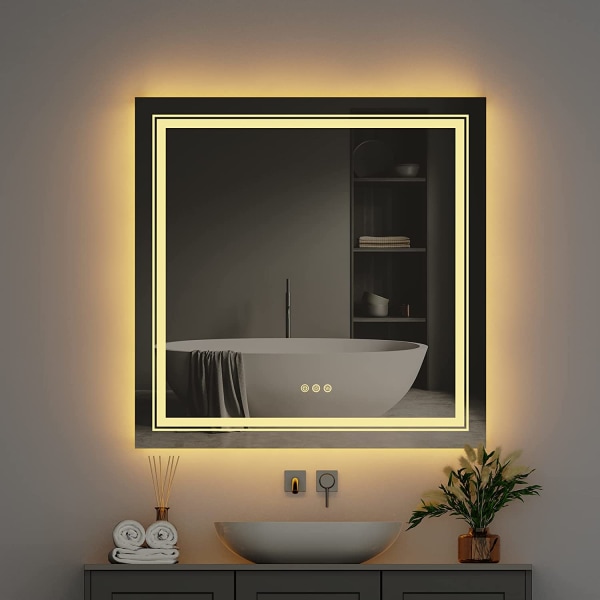 Wisfor LED badrumsspegel, 900x900 mm, dimbar upplyst spegel, med touchsensor, vattentät väggmonterad fyrkantig sminkspegel
