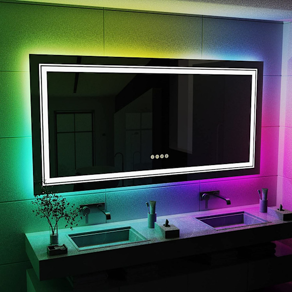 Wisfor LED badrumsspegel, 1200x600 mm, dimbar rektangulär sminkspegel på väggen, med 8 RGB bakgrundsbelyst, 3 frontljusfärger