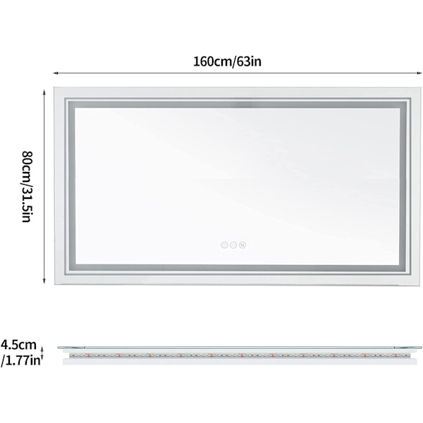 Wisfor stor LED badrumsspegel, 1600x800 mm, dimbar belyst väggmonterad belyst sminkspegel, Smart Touch Switch Sminkspegel