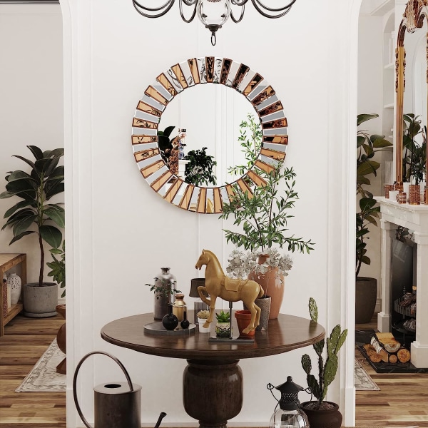 Wisfor Hallway Art Väggspegel Dekorativa, runda gyllene och silverhängda speglar, 80 cm Elegant Artistic Look, Sunburst Entryway Väggmonterade speglar