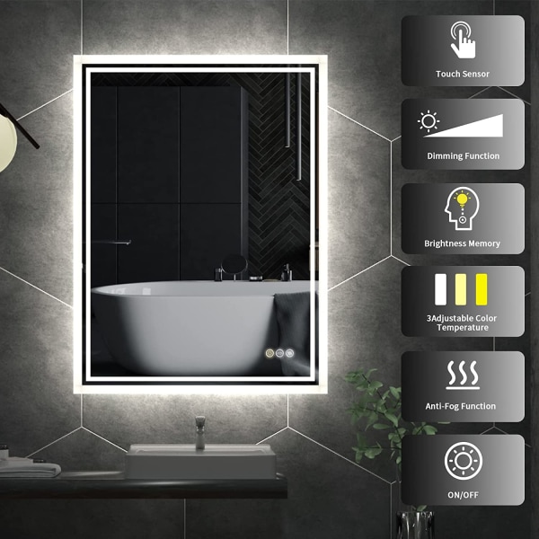 Wisfor LED badrumsspegel, 700 x 900 mm, dimbar väggmonterad sminkspegel, med demister Pad Smart Sensor Bakgrundsbelyst rektangel sminkspegel