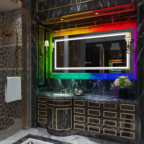 Wisfor LED badrumsspegel, 1400x700 mm, dimbar rektangulär sminkspegel på väggen, med 8 RGB-bakgrundsbelyst, 3 frontljusfärger