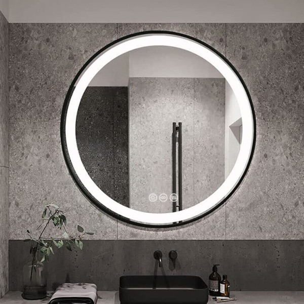 Wisfor LED badrumsspegel, med svart ram, 600x600 mm, rund belyst vägghängande sminkspegel, med 3 dimbara ljusfärger