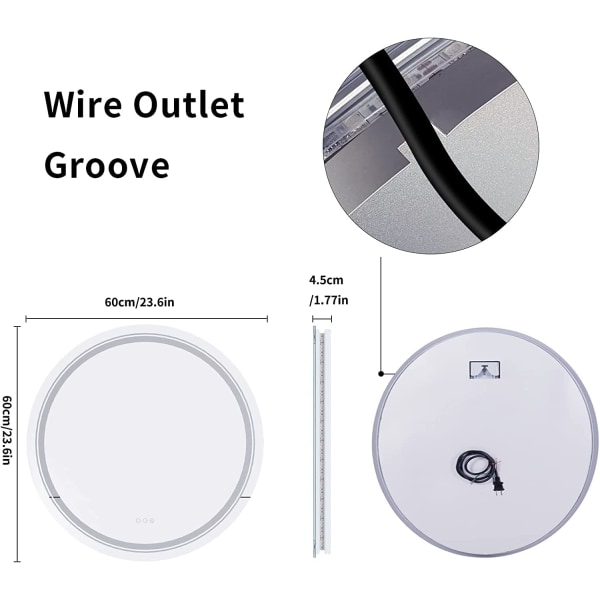 Wisfor rund badrumsspegel, 600 mm, dimbar LED-belyst cirkelväggmonterad sminkspegel, med demister Pad Smart Touch Sensor