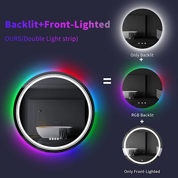 Wisfor LED-badrumsspegel, dimbar sminkspegel med rund vägg, med 8 RGB-bakgrundsbelyst, 3 färger framljus, Smart Anti-Imma Touch Switch, Minnesfunktion