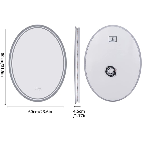 Wisfor Oval LED-badrumsspegel, 600 x 800 mm, dimbar väggmonterad belyst sminksspegel med anti-dimfunktion och smart strömbrytare