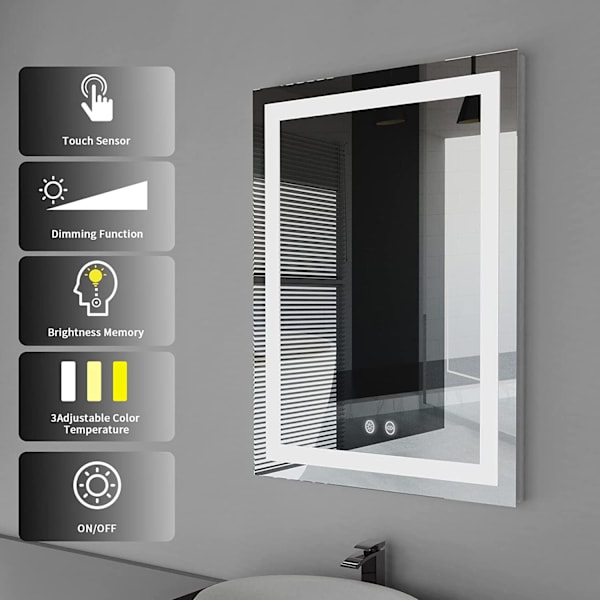 Wisfor LED-belyst badrumsspegel, 400 x 500 mm, väggmonterad belyst sminkspegel, med pekknapp Minnesfunktion 3 ljuslägen