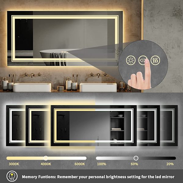 Wisfor stor LED badrumsspegel, 1510x780 mm, dimbar belyst väggmonterad belyst sminkspegel, med anti-dimma Smart Touch Switch sminkspegel