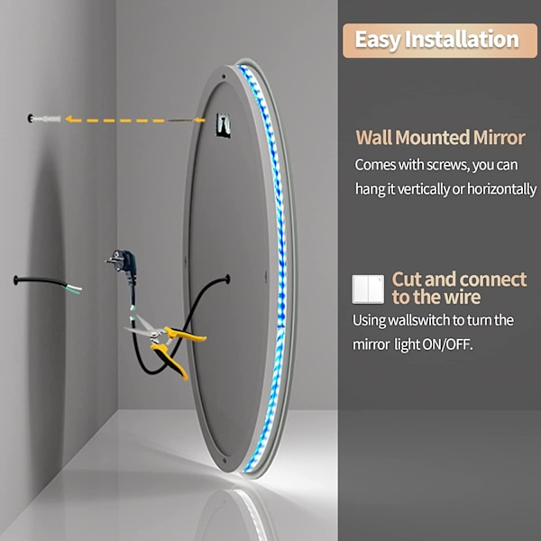 Wisfor LED badrumsspegel, 800 mm dimbar rund vägg sminkspegel, med 8 RGB bakgrundsbelyst 3 frontljus Färg Smart anti-dim Touch Switch