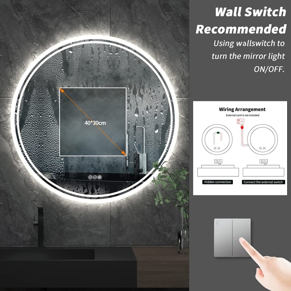 Wisfor LED badrumsspegel, 800 x 800 mm, rund upplyst väggmonterad sminkspegel, med demister Pad + Smart Touch Button Makeup Mirror