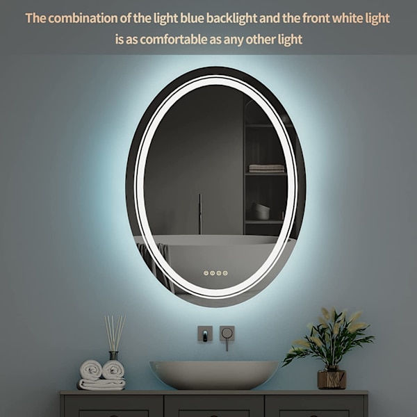 Wisfor LED badrumsspegel, 600x800 mm, dimbar oval sminkspegel på väggen, med 8 RGB-bakgrundsbelysta, 3 färger framljus, Smart Anti-Imma Touch Switch