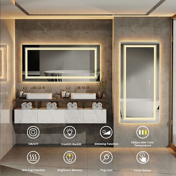 Wisfor stor LED badrumsspegel, 1510x780 mm, dimbar belyst väggmonterad belyst sminkspegel, med anti-dimma Smart Touch Switch sminkspegel