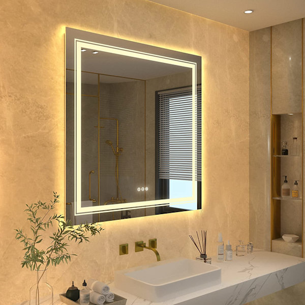 Wisfor LED badrumsspegel, 900x900 mm, dimbar upplyst spegel, med touchsensor, vattentät väggmonterad fyrkantig sminkspegel