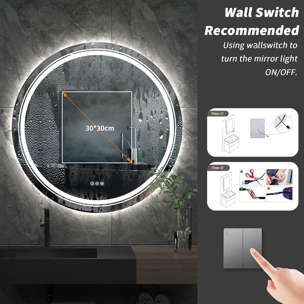 Wisfor rund badrumsspegel, 600 mm, dimbar LED-belyst cirkelväggmonterad sminkspegel, med demister Pad Smart Touch Sensor