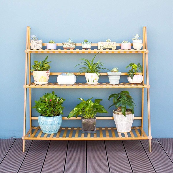 Wisfor 3-vånings växtställ i bambu, blomställ utomhus inomhus, hopfällbart växtställ, steghylla hörnplanteringsbord, 100 cm