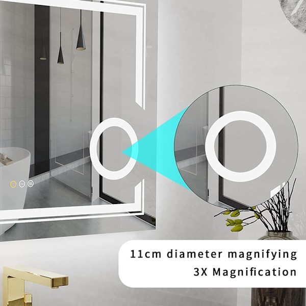 Wisfor LED badrumsspegel, 800x600 mm, väggmonterad sminkspegel, anti-dimavfuktare, 3X förstoringsglas Bakgrundsbelyst, frontbelyst, 3 ljuslägen