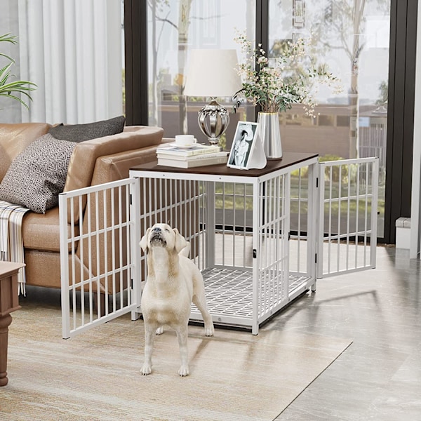 Wisfor trälåda för hund inomhus, 30 tum, möbelstil, husdjursbur, ändbord för hundkennel, med tre dörrar och avtagbar bricka för små medelstora hundar