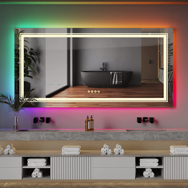 Wisfor LED badrumsspegel, 1200x600 mm, dimbar rektangulär sminkspegel på väggen, med 8 RGB bakgrundsbelyst, 3 frontljusfärger